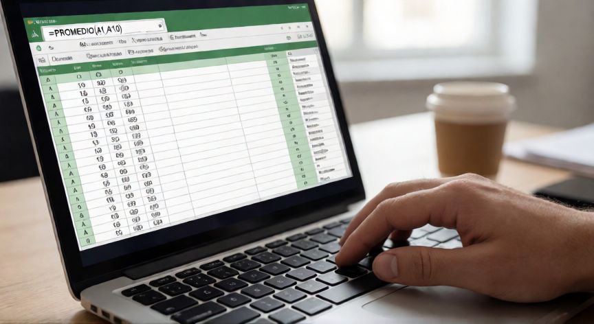 como calcular en excel la media, Manos escribiendo la fórmula PROMEDIO en Excel sobre una hoja de cálculo con datos numéricos