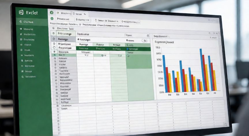 como calcular en excel la media, Tabla dinámica de Excel mostrando cálculo de promedio por departamentos con gráfico de barras