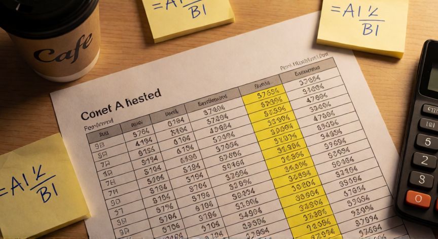 como calcular en excel porcentaje, Vista cenital de una mesa con hoja de cálculo impresa mostrando fórmulas de porcentaje