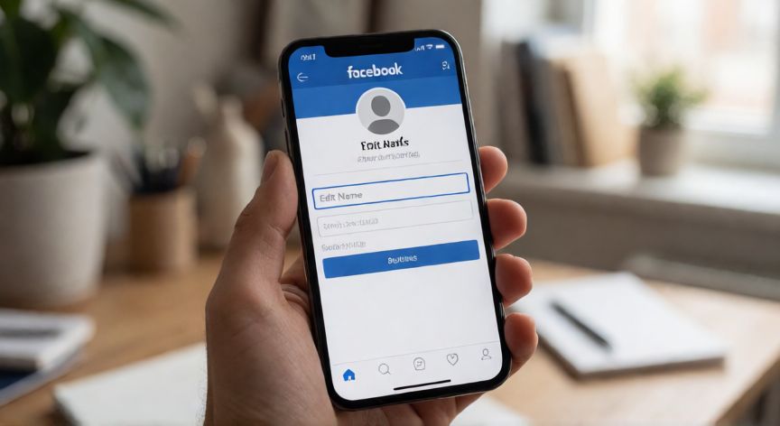 como cambiar 3l nombre de facebook, Pantalla de teléfono mostrando la opción para cambiar el nombre en el perfil de Facebook