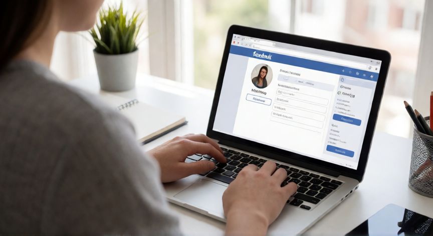 como cambiar 3l nombre de facebook, Persona usando una computadora portátil para editar su nombre en la web de Facebook
