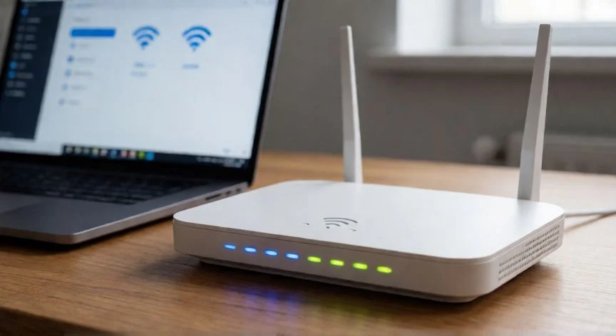 Router WiFi moderno mostrando luces de actividad en una mesa de escritorio