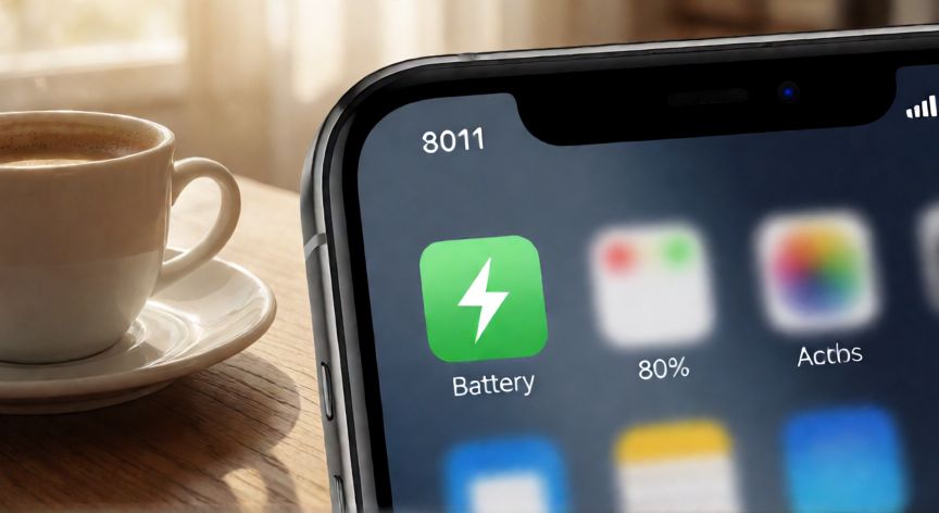 como cambiar 5g a lte iphone, iPhone con batería al 80% en una mesa de madera, ilustrando el ahorro de energía al usar LTE