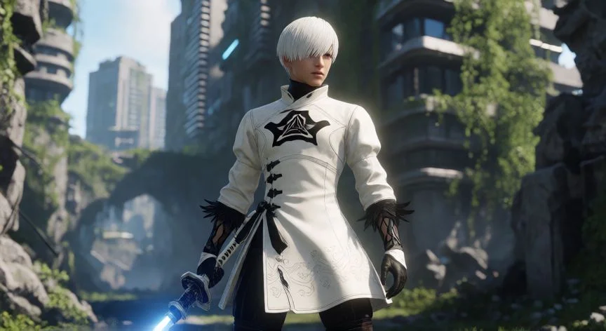 Androide 9S de Nier Automata con espada en ruinas futuristas