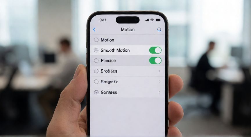 Pantalla de iPhone mostrando la configuración de movimiento activada para 120Hz