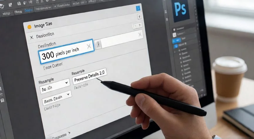 Interfaz de Photoshop ajustando la resolución de imagen a 300 ppp