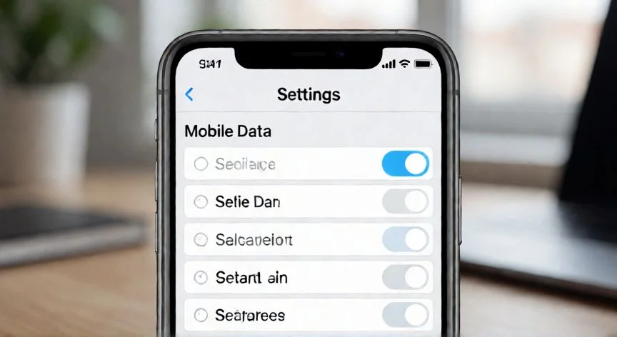 Pantalla de ajustes del iPhone con datos móviles activados