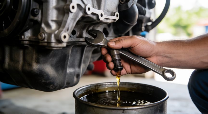 como cambiar el aceite del coche, Mecánico aflojando el tapón de drenaje del aceite con una llave bajo un coche