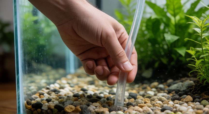 como cambiar el agua de la pecera, Personas sifoneando el sustrato de una pecera para eliminar residuos