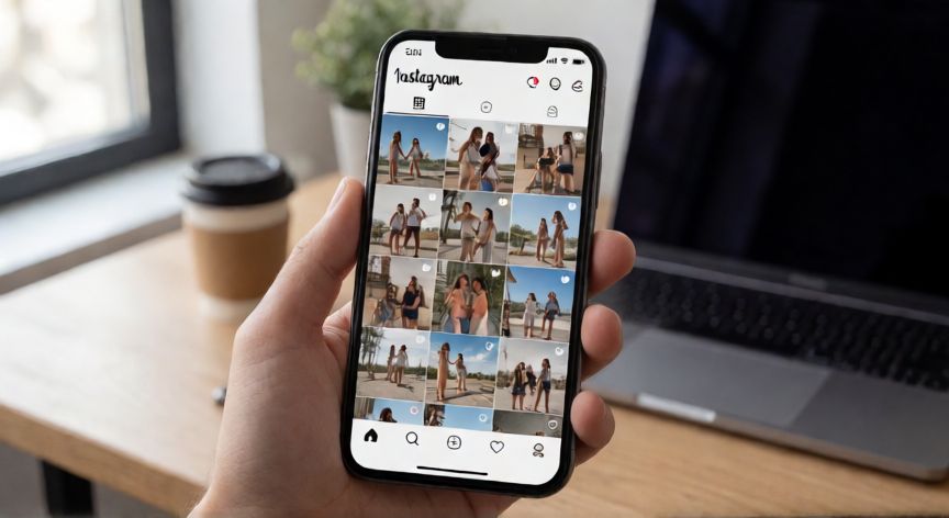 como cambiar el algoritmo de instagram, Móvil mostrando la interfaz de Instagram en la pestaña Explorar sobre un escritorio moderno
