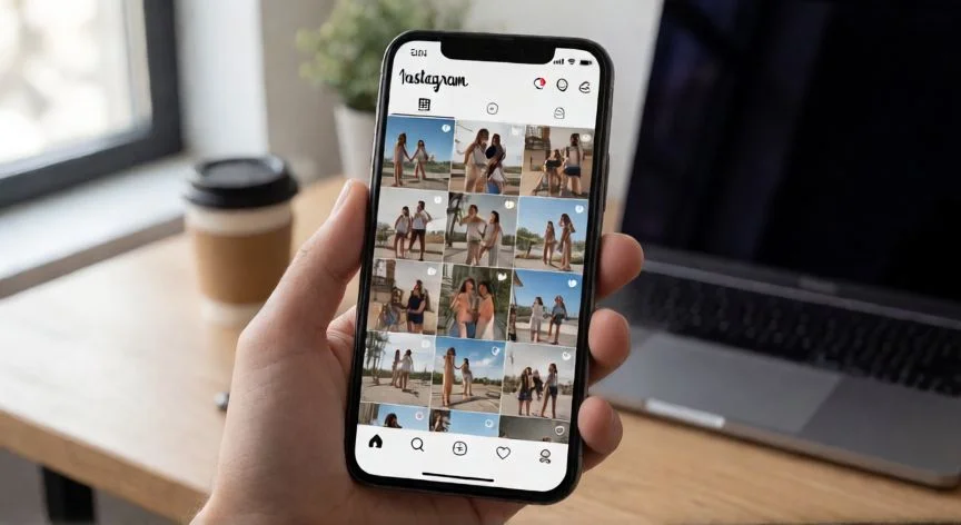 Móvil mostrando la interfaz de Instagram en la pestaña Explorar sobre un escritorio moderno