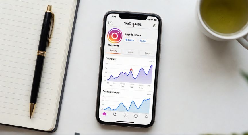 como cambiar el algoritmo de instagram, Vista cenital de un móvil mostrando estadísticas de Instagram junto a una libreta en un escritorio