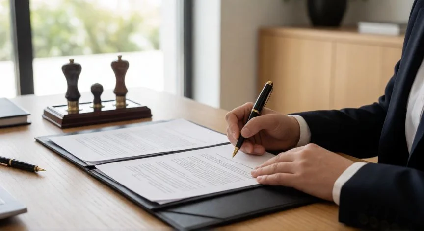 Persona firmando documentación en una notaría española para cambiar de apellido