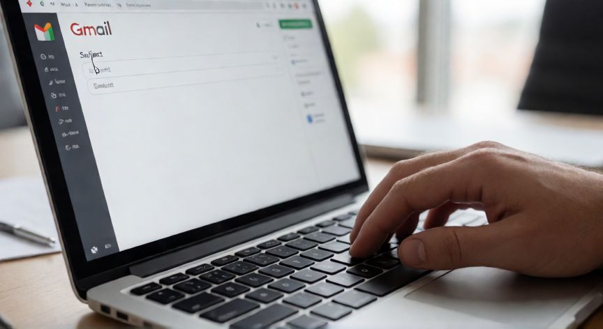 como cambiar el asunto de un correo en gmail, Manos escribiendo en un portátil con la interfaz de Gmail visible