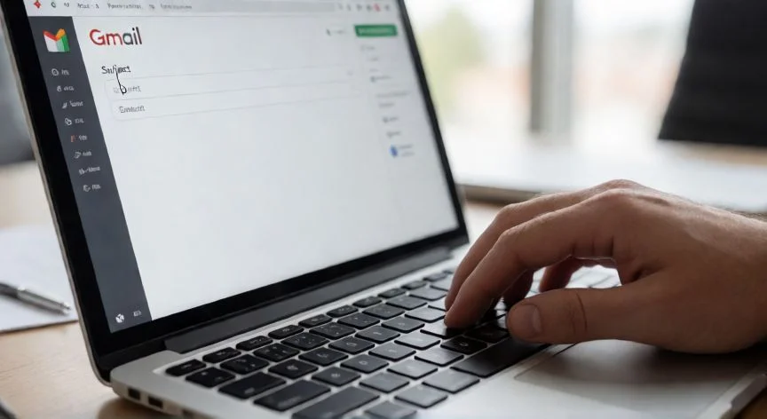 Manos escribiendo en un portátil con la interfaz de Gmail visible