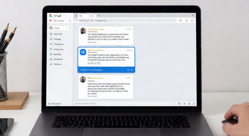 como cambiar el asunto de un correo en gmail, Pantalla de portátil mostrando un hilo de correo en Gmail