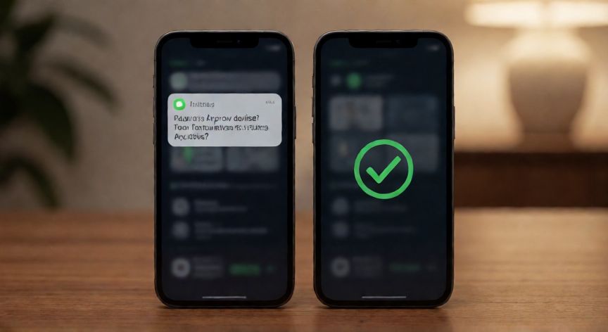 como cambiar el authenticator de microsoft a otro movil, Dos teléfonos móviles mostrando el proceso de aprobación y éxito al migrar la app de seguridad