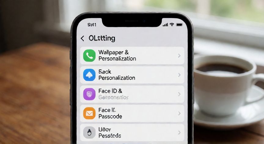 como cambiar el bloqueo de pantalla, Pantalla de ajustes de un iPhone con opciones de fondo de pantalla y Face ID