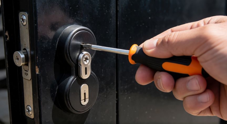 como cambiar el bombin de una puerta blindada, Herramientas retirando tornillos de un bombín europeo en puerta blindada