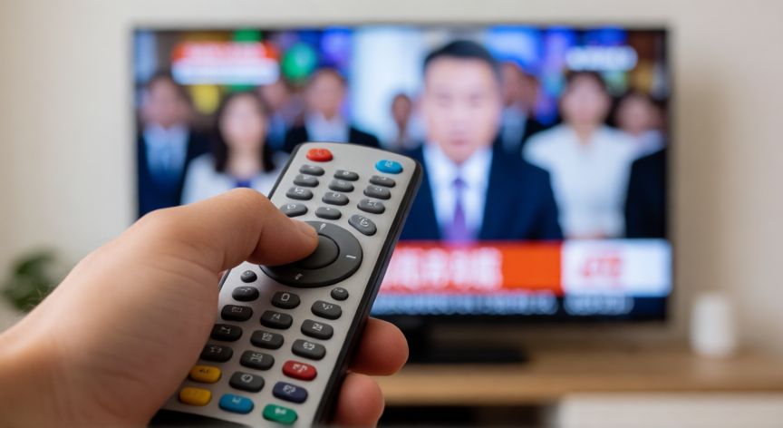 Mano sosteniendo un control remoto apuntando a la televisión