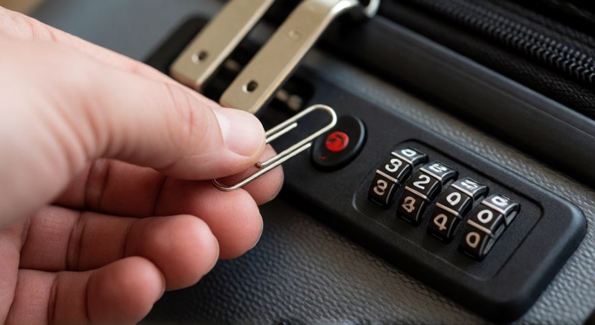 como cambiar el codigo de una maleta, Manos cambiando el código de una cerradura de maleta con un alfiler