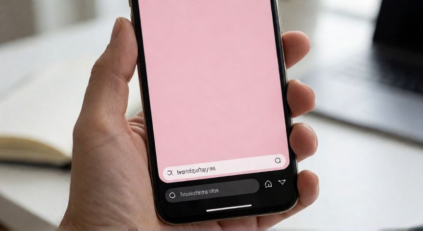 como cambiar el color de fondo de una historia de instagram, Mano sosteniendo un móvil mostrando la interfaz de crear historia en Instagram con fondo rosa