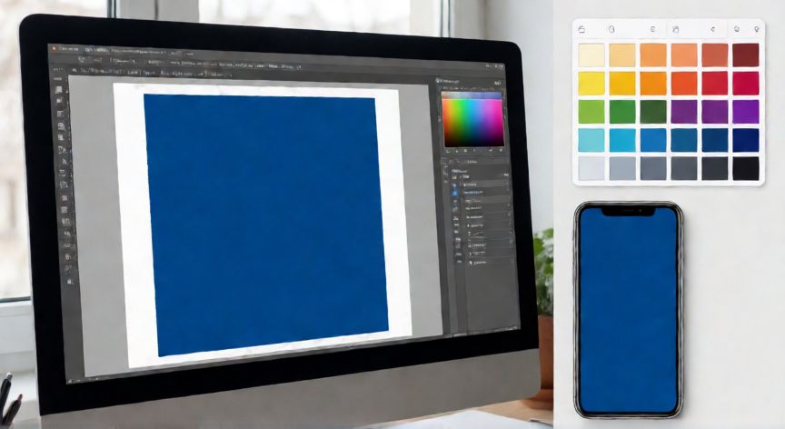 como cambiar el color de fondo de una historia de instagram, Espacio de trabajo de diseño con monitor mostrando software de diseño y móvil sincronizando colores