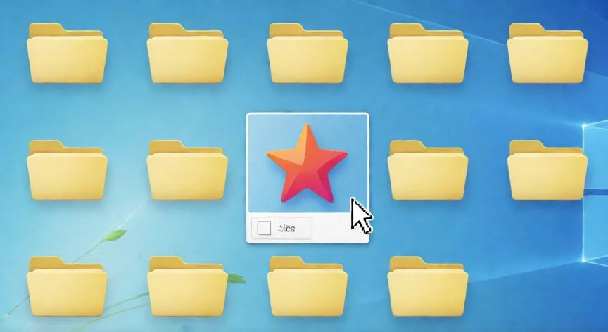Pantalla de escritorio de Windows mostrando una carpeta con un icono personalizado rojo entre carpetas amarillas estándar