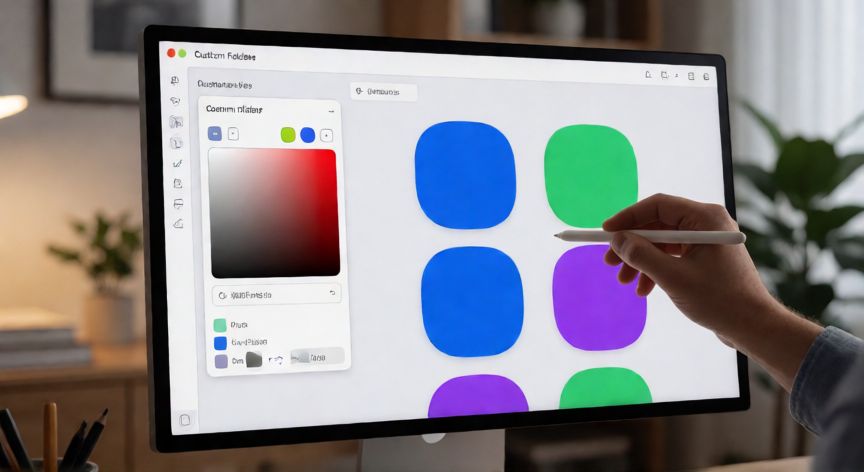 como cambiar el color de una carpeta en windows, Interfaz de software para personalizar carpetas con selector de colores e iconos multicolores en un escritorio moderno