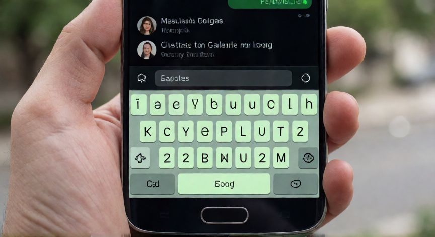 como cambiar el color del teclado samsung, Móvil Samsung en la mano mostrando un teclado personalizado con teclas de color verde pastel
