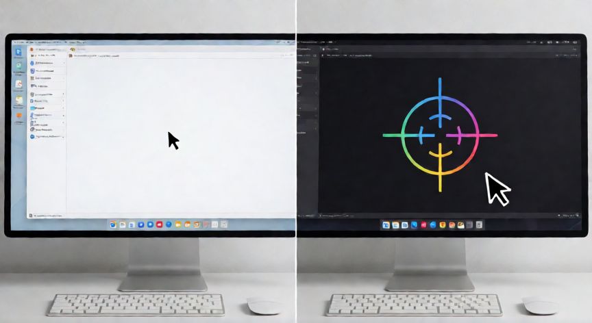 como cambiar el cursor del raton, Comparación visual de cursores estándar y personalizados en dos monitores