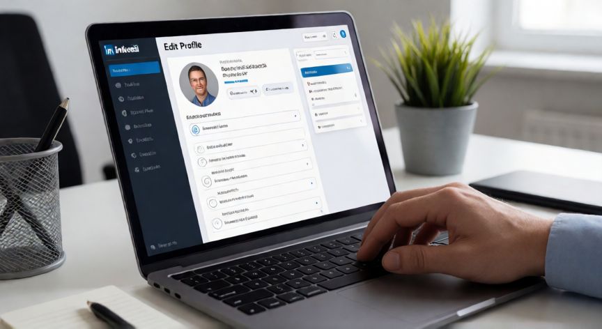 como cambiar el cv en linkedin, Persona editando su perfil de LinkedIn en un portátil en una oficina moderna
