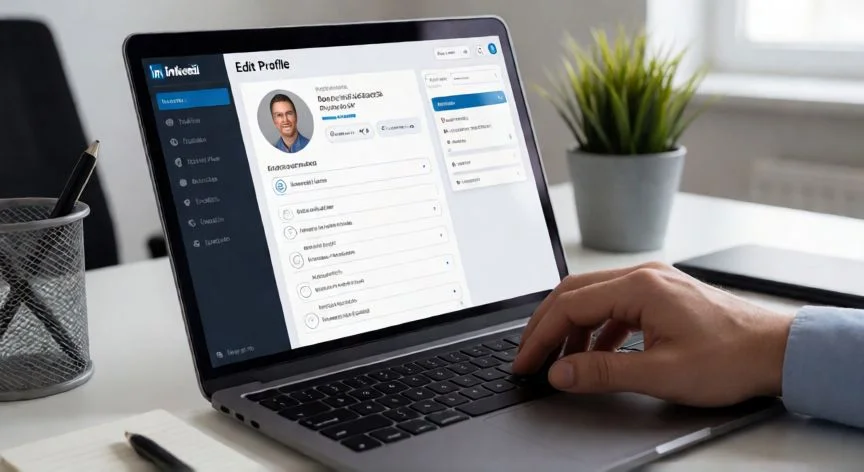Persona editando su perfil de LinkedIn en un portátil en una oficina moderna