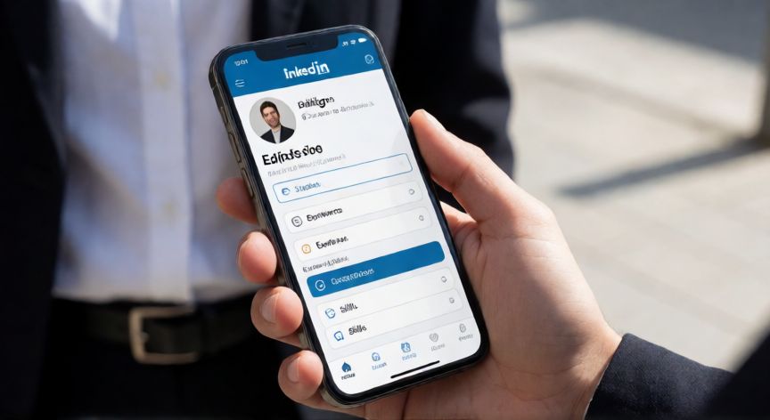 como cambiar el cv en linkedin, Vista de la aplicación móvil de LinkedIn en un teléfono inteligente mostrando opciones de edición
