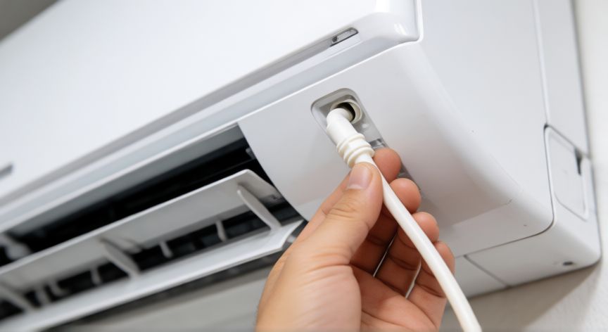 como cambiar el desague del aire acondicionado, Técnico instalando manguera de desagüe en unidad interior de aire acondicionado