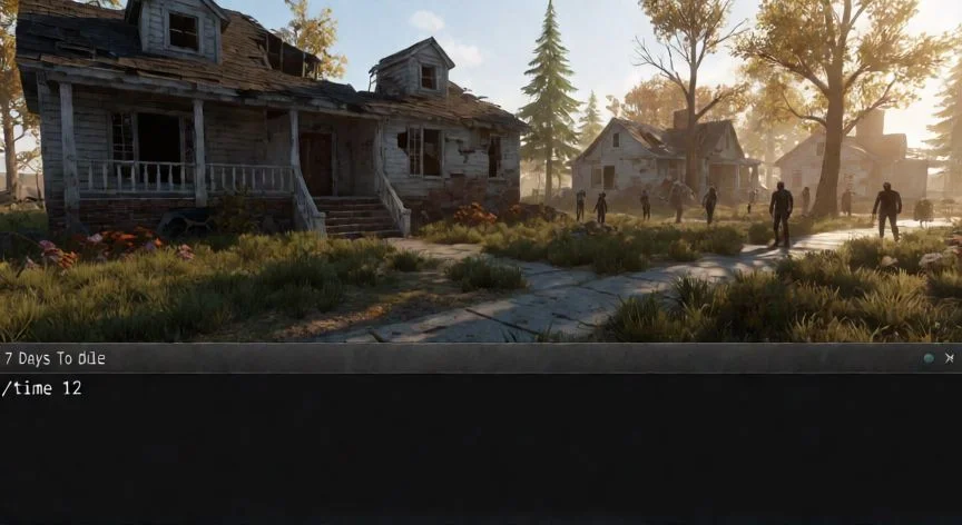 Interfaz de consola en 7 Days To Die mostrando el comando para cambiar la hora