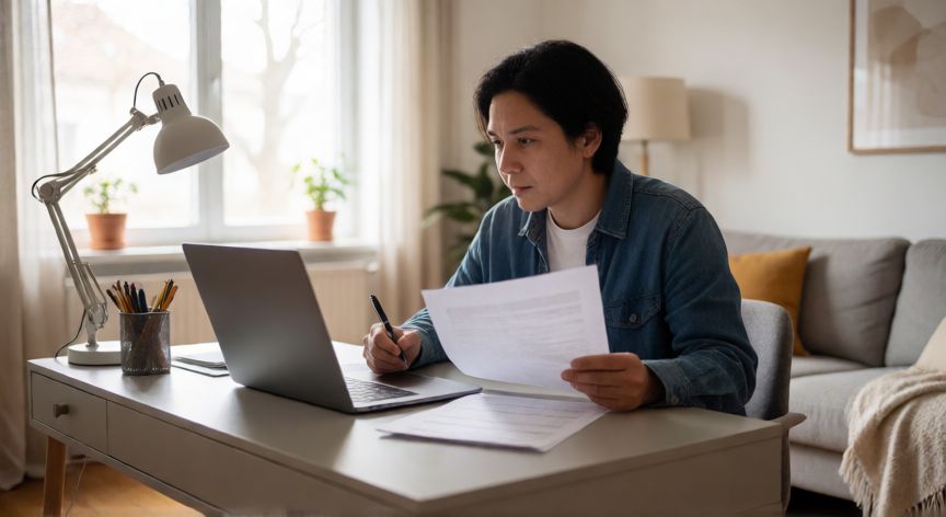como cambiar el domicilio de empadronamiento en madrid, Persona preparando documentos para el cambio de padrón en su hogar