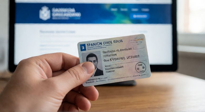 como cambiar el domicilio en el carnet de conducir, Persona sosteniendo un carnet de conducir español junto a una pantalla con la web de la DGT