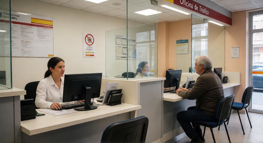 como cambiar el domicilio en la dgt, Interior de una oficina de la DGT atendiendo a un ciudadano