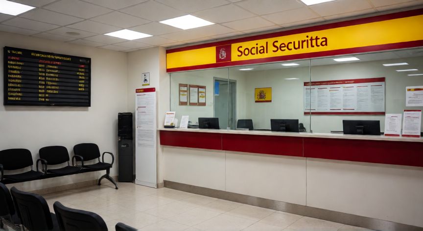 como cambiar el domicilio en la seguridad social, Interior de una oficina de la Seguridad Social en España con área de espera y mostrador