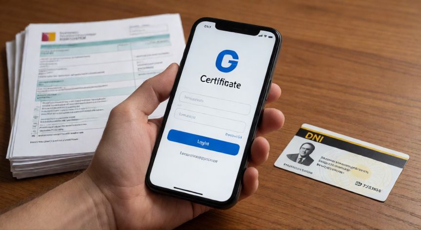 como cambiar el domicilio fiscal, Manos usando el móvil para iniciar sesión en la sede electrónica junto a documentos oficiales