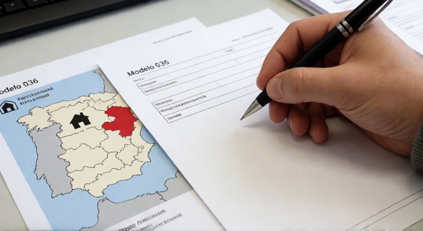 como cambiar el domicilio fiscal en la agencia tributaria, Documentos oficiales del modelo 036 para el cambio de domicilio fiscal sobre un escritorio