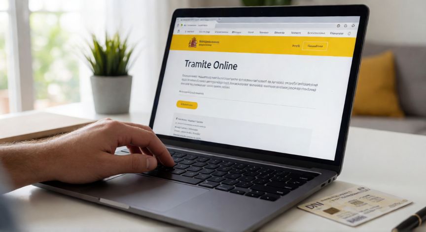 como cambiar el empadronamiento online, Persona realizando un trámite de empadronamiento online en su ordenador desde casa