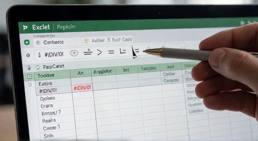 Pantalla de Excel mostrando un error de división por cero y una mano corrigiendo la fórmula