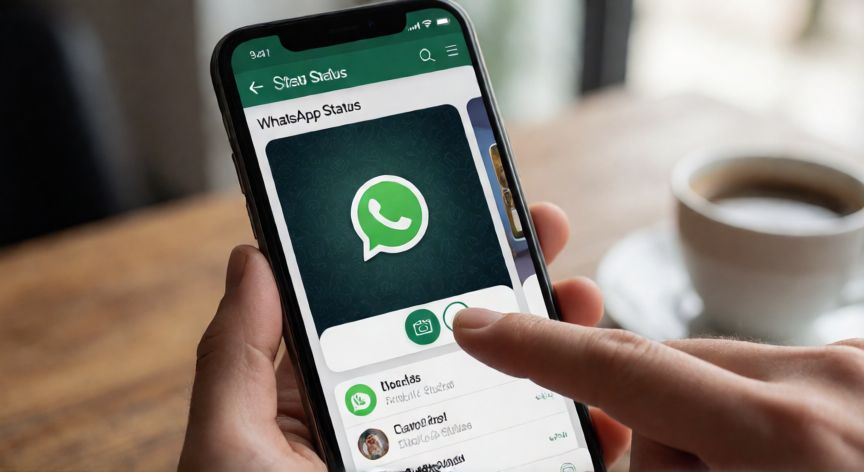 como cambiar el estado de whatsapp, Pantalla de móvil mostrando la interfaz para añadir un estado en WhatsApp
