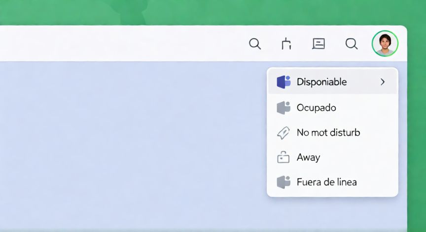 como cambiar el estado en teams, Menú desplegable de estados en Microsoft Teams con opciones en español