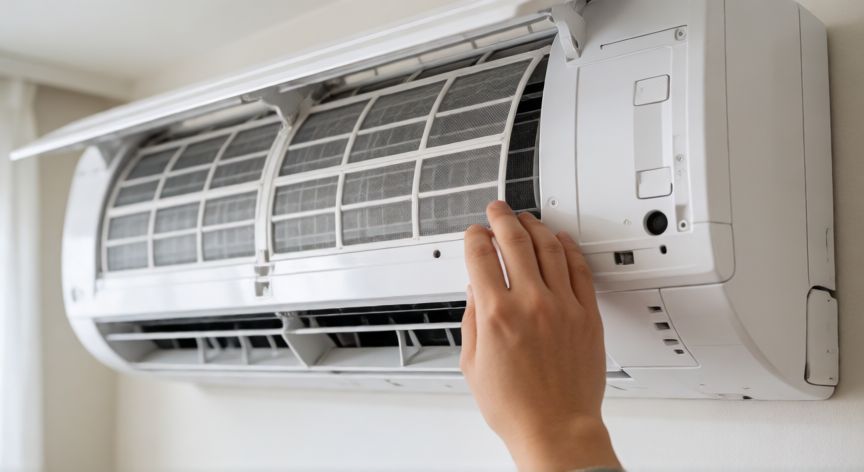 como cambiar el filtro del aire acondicionado, Mano retirando un filtro de aire sucio de una unidad de aire acondicionado