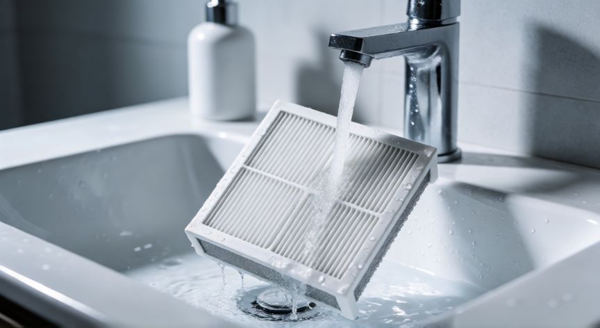 como cambiar el filtro del aire acondicionado, Limpieza de filtro de aire acondicionado bajo el grifo con agua corriente