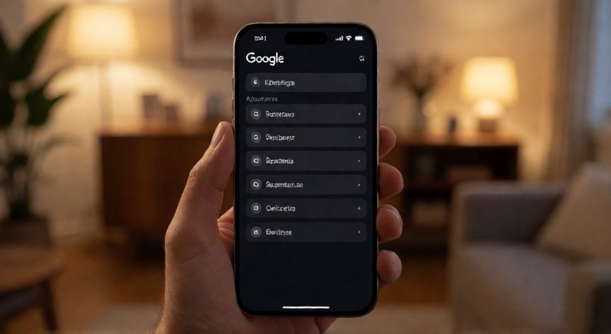 como cambiar el fondo de google, Smartphone mostrando la opción de modo oscuro en la aplicación móvil de Google