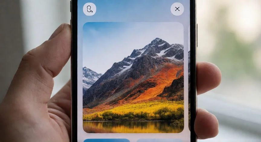 Pantalla de ajustes de fondo de pantalla en un iPhone mostrando una foto de montaña